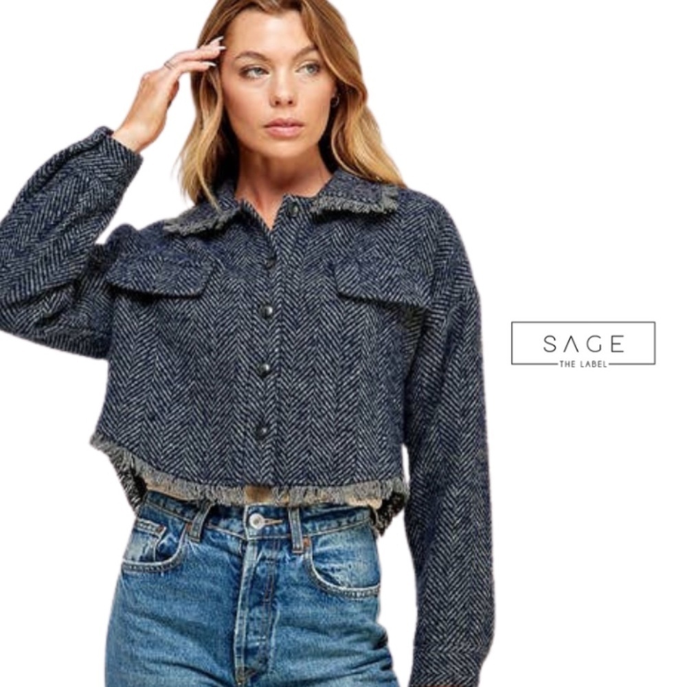 Sage brand Cropped Herringbone Shacket in Navy/Charcoal
